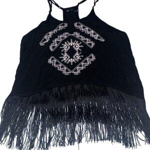 Black Fringe Halter Top With Embroidered Tribal Design By 64 Sixty Five Rayon Ma